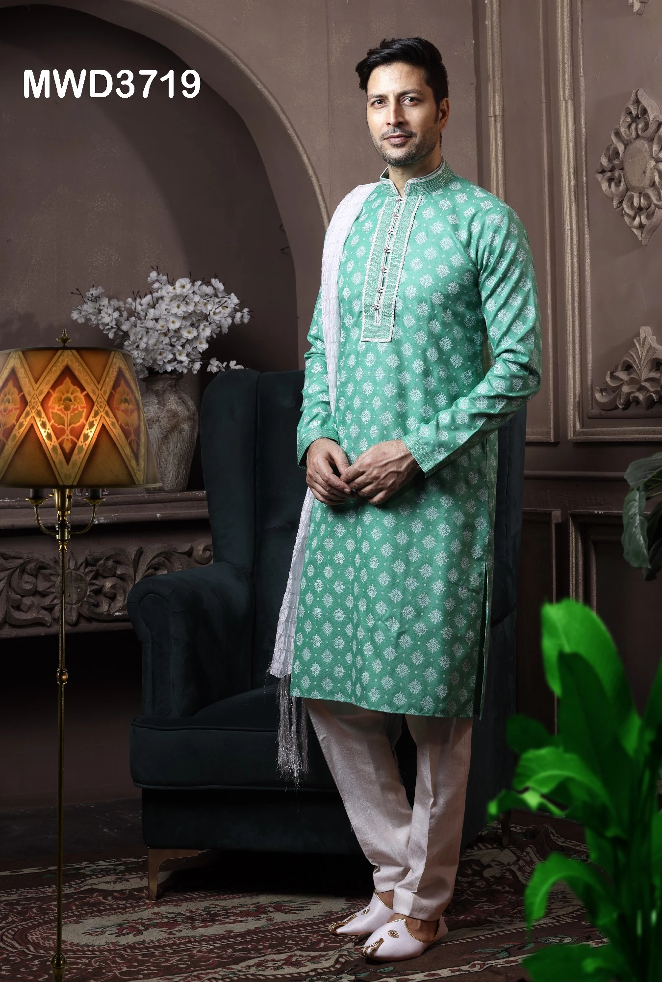 Green Readymade Printed Kurta With Pant, 36-1.webp